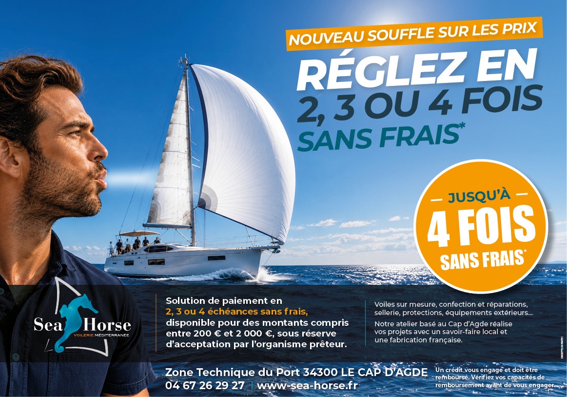 Sea Horse Voilerie Cap d’Agde propose le règlement en 2, 3 ou 4 fois sans frais pour vos projets de voilerie, sellerie et équipements nautiques sur mesure.